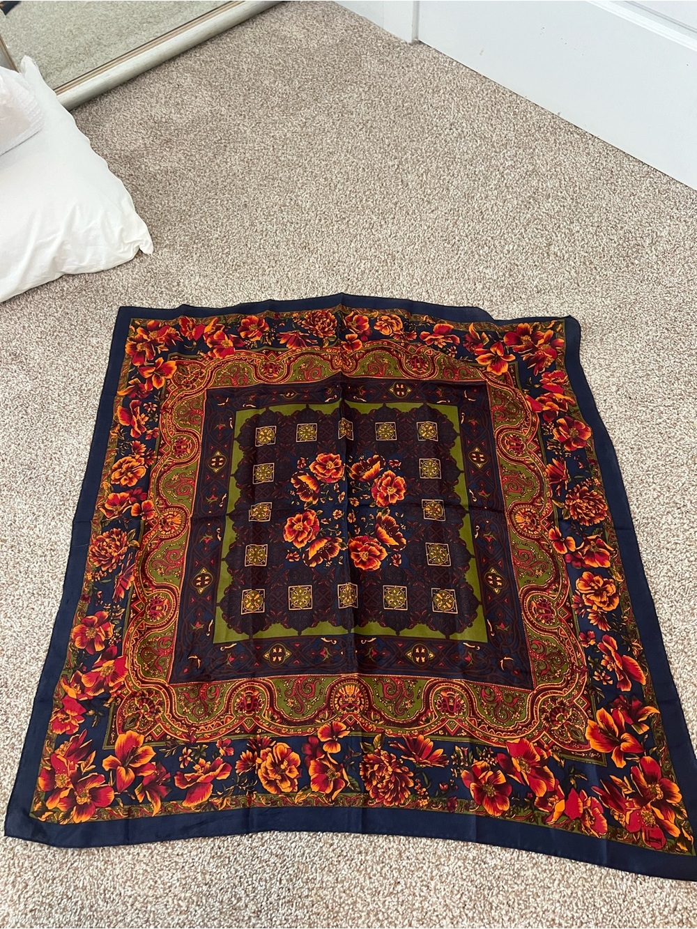 NWOT marigold floral and paisley square scarf silk. Purple, orange, green
